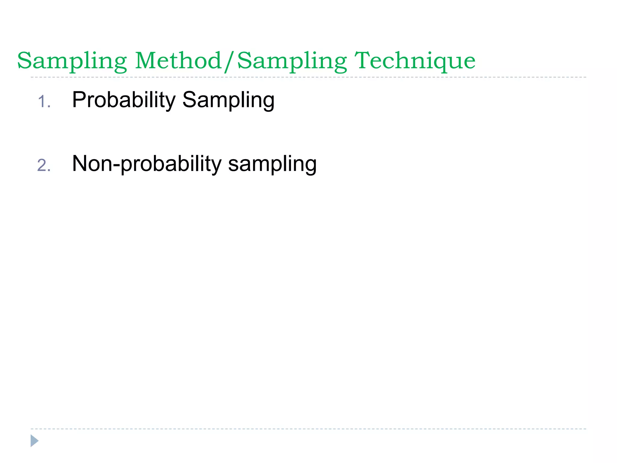 Sampling Method/Sampling Technique
1. Probability Sampling
2. Non-probability sampling
 