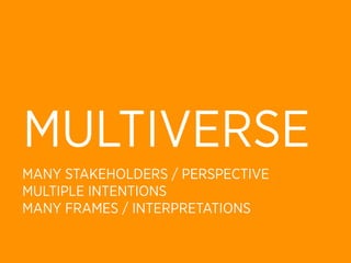 MULTIVERSE
MANY STAKEHOLDERS / PERSPECTIVE
MULTIPLE INTENTIONS
MANY FRAMES / INTERPRETATIONS
 
