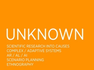 UNKNOWN
SCIENTIFIC RESEARCH INTO CAUSES
COMPLEX / ADAPTIVE SYSTEMS
AR / AL / AI
SCENARIO PLANNING
ETHNOGRAPHY
 
