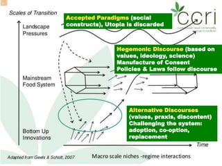 Accepted Paradigms (social
constructs), Utopia is discarded
Hegemonic Discourse (based on
values, ideology, science)
Manufacture of Consent
Policies & Laws follow discourse
Alternative Discourses
(values, praxis, discontent)
Challenging the system:
adoption, co-option,
replacement
 
