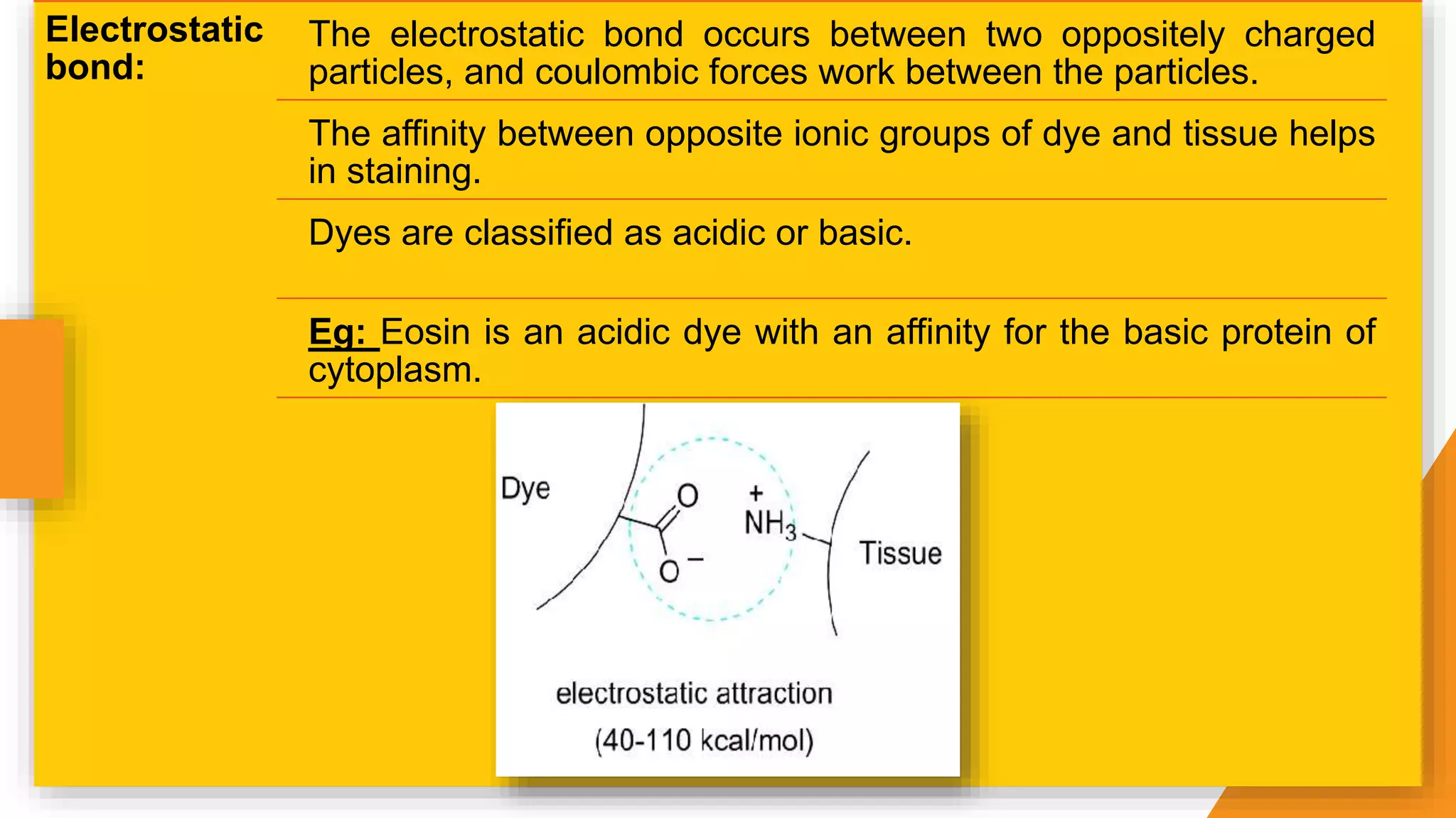 Electrostatic
bond:
The electrostatic bond occurs between two oppositely charged
particles, and coulombic forces work between the particles.
The affinity between opposite ionic groups of dye and tissue helps
in staining.
Dyes are classified as acidic or basic.
Eg: Eosin is an acidic dye with an affinity for the basic protein of
cytoplasm.
 