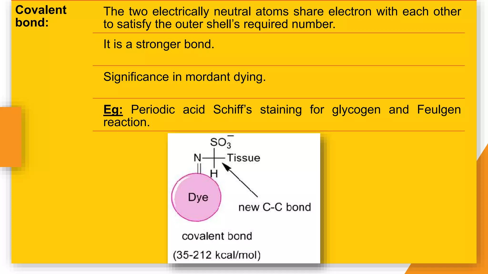 Covalent
bond:
The two electrically neutral atoms share electron with each other
to satisfy the outer shell’s required number.
It is a stronger bond.
Significance in mordant dying.
Eg: Periodic acid Schiff’s staining for glycogen and Feulgen
reaction.
 