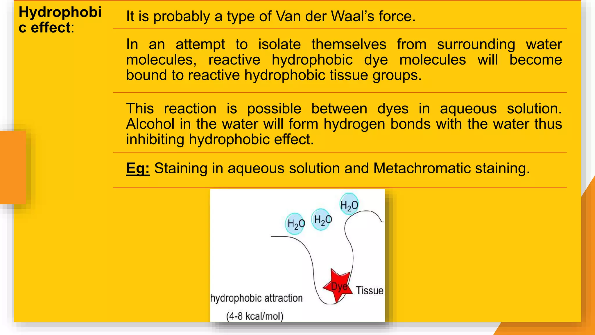 Hydrophobi
c effect:
It is probably a type of Van der Waal’s force.
In an attempt to isolate themselves from surrounding water
molecules, reactive hydrophobic dye molecules will become
bound to reactive hydrophobic tissue groups.
This reaction is possible between dyes in aqueous solution.
Alcohol in the water will form hydrogen bonds with the water thus
inhibiting hydrophobic effect.
Eg: Staining in aqueous solution and Metachromatic staining.
 