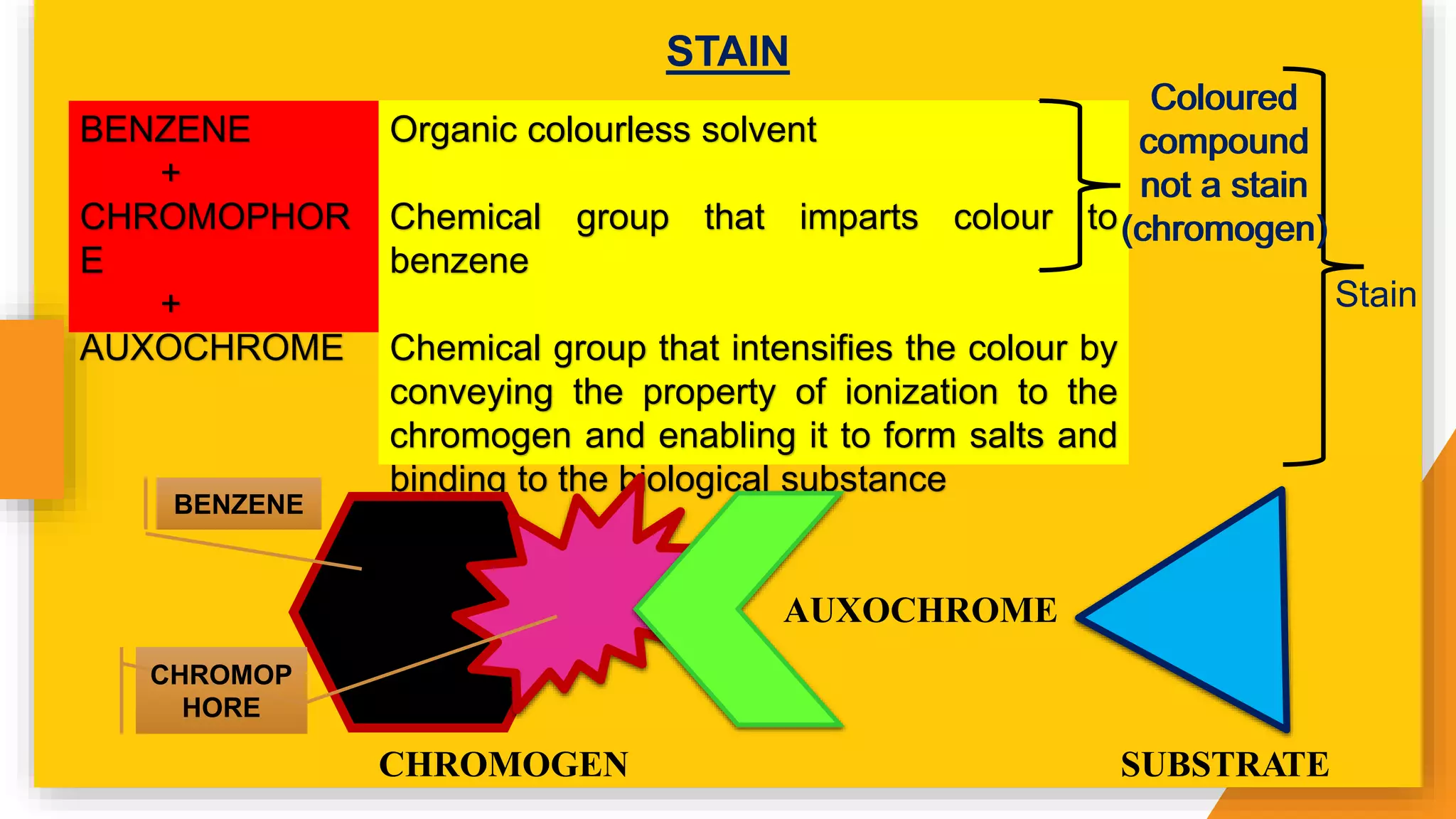 BENZENE
+
CHROMOPHOR
E
+
AUXOCHROME
Organic colourless solvent
Chemical group that imparts colour to
benzene
Chemical group that intensifies the colour by
conveying the property of ionization to the
chromogen and enabling it to form salts and
binding to the biological substance
Coloured
compound
not a stain
(chromogen)
Stain
STAIN
CHROMOGEN
AUXOCHROME
SUBSTRATE
CHROMOP
HORE
Coloured
compound
not a stain
(chromogen)
Coloured
compound
not a stain
(chromogen)
BENZENE
 