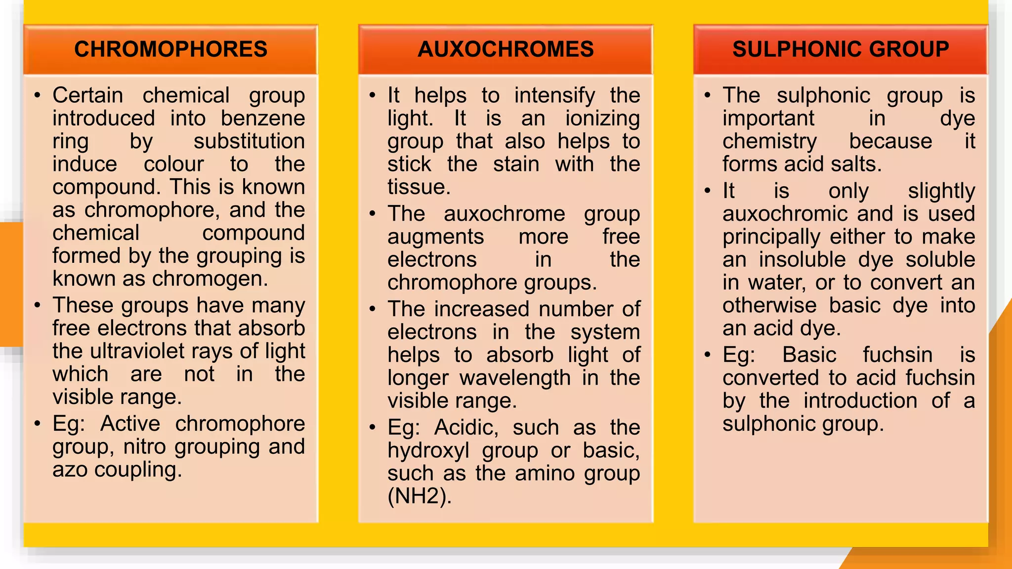 CHROMOPHORES
• Certain chemical group
introduced into benzene
ring by substitution
induce colour to the
compound. This is known
as chromophore, and the
chemical compound
formed by the grouping is
known as chromogen.
• These groups have many
free electrons that absorb
the ultraviolet rays of light
which are not in the
visible range.
• Eg: Active chromophore
group, nitro grouping and
azo coupling.
AUXOCHROMES
• It helps to intensify the
light. It is an ionizing
group that also helps to
stick the stain with the
tissue.
• The auxochrome group
augments more free
electrons in the
chromophore groups.
• The increased number of
electrons in the system
helps to absorb light of
longer wavelength in the
visible range.
• Eg: Acidic, such as the
hydroxyl group or basic,
such as the amino group
(NH2).
SULPHONIC GROUP
• The sulphonic group is
important in dye
chemistry because it
forms acid salts.
• It is only slightly
auxochromic and is used
principally either to make
an insoluble dye soluble
in water, or to convert an
otherwise basic dye into
an acid dye.
• Eg: Basic fuchsin is
converted to acid fuchsin
by the introduction of a
sulphonic group.
 