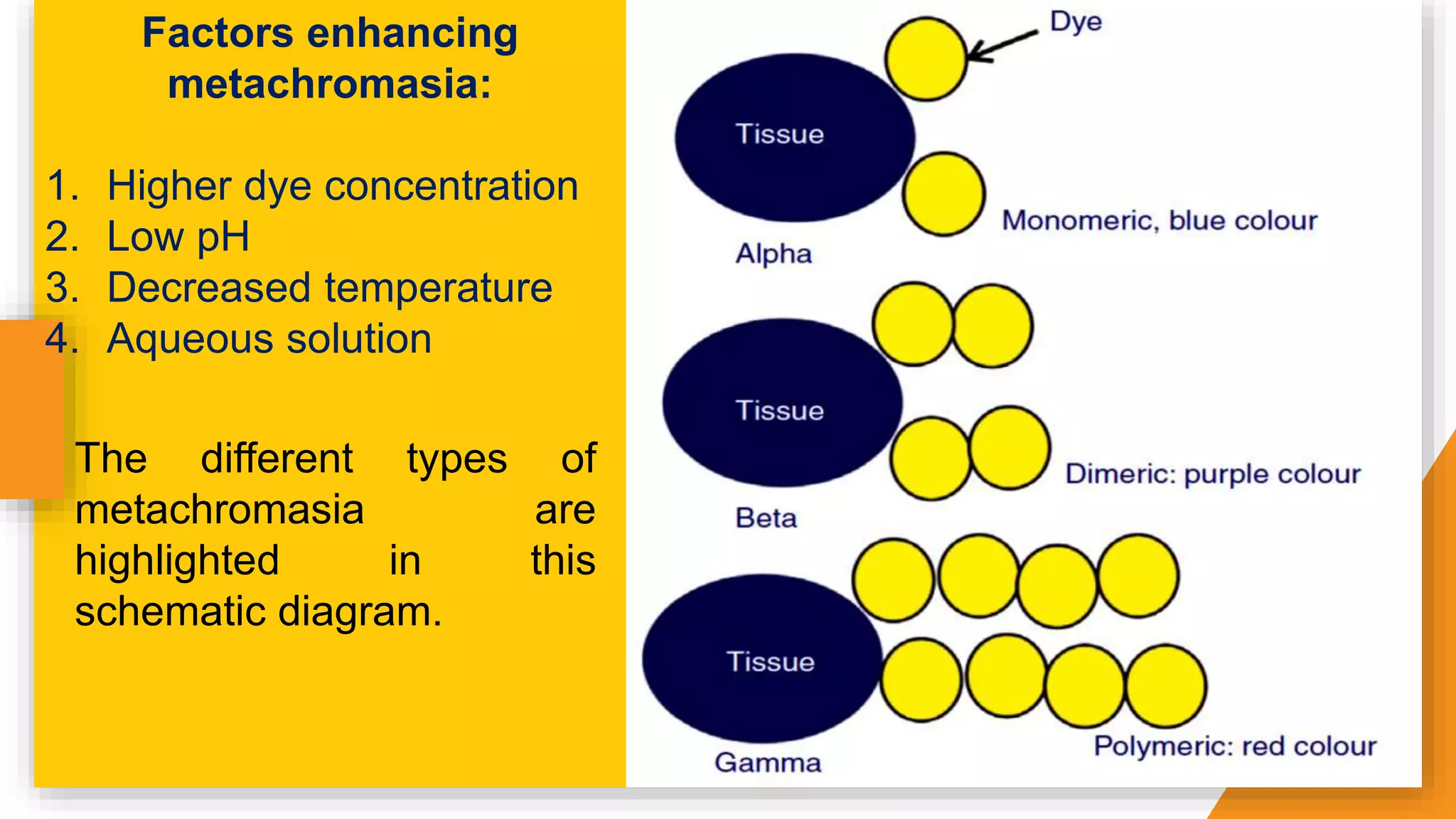 The different types of
metachromasia are
highlighted in this
schematic diagram.
Factors enhancing
metachromasia:
1. Higher dye concentration
2. Low pH
3. Decreased temperature
4. Aqueous solution
 