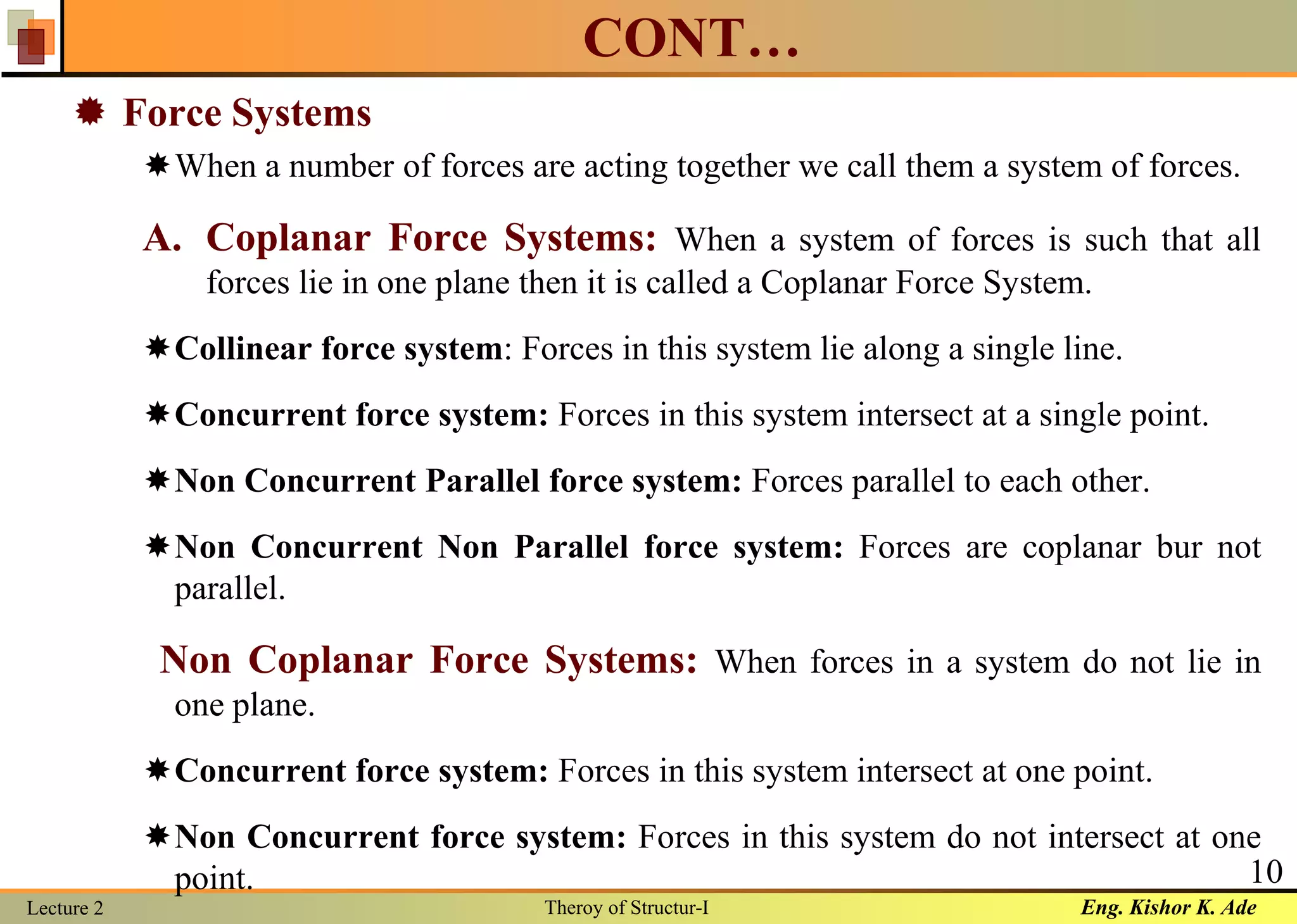 Eng. Kishor K. AdeLecture 2 Theroy of Structur-I
10
CONT…
 Force Systems
When a number of forces are acting together we call them a system of forces.
A. Coplanar Force Systems: When a system of forces is such that all
forces lie in one plane then it is called a Coplanar Force System.
Collinear force system: Forces in this system lie along a single line.
Concurrent force system: Forces in this system intersect at a single point.
Non Concurrent Parallel force system: Forces parallel to each other.
Non Concurrent Non Parallel force system: Forces are coplanar bur not
parallel.
Non Coplanar Force Systems: When forces in a system do not lie in
one plane.
Concurrent force system: Forces in this system intersect at one point.
Non Concurrent force system: Forces in this system do not intersect at one
point.
 