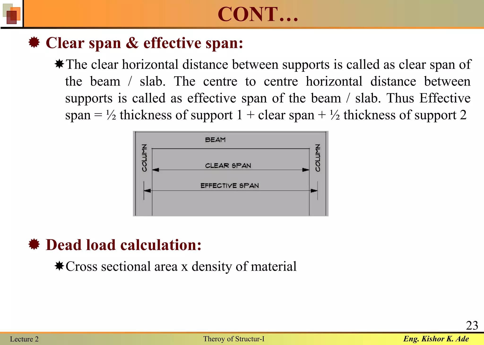 Eng. Kishor K. AdeLecture 2 Theroy of Structur-I
23
CONT…
 Clear span & effective span:
The clear horizontal distance between supports is called as clear span of
the beam / slab. The centre to centre horizontal distance between
supports is called as effective span of the beam / slab. Thus Effective
span = ½ thickness of support 1 + clear span + ½ thickness of support 2
 Dead load calculation:
Cross sectional area x density of material
 