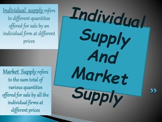 Market Supplyrefers
to the sum total of
various quantities
offeredfor sale by all the
individual firms at
different prices
Individual supply refers
to different quantities
offered for sale by an
individual firm at different
prices
 