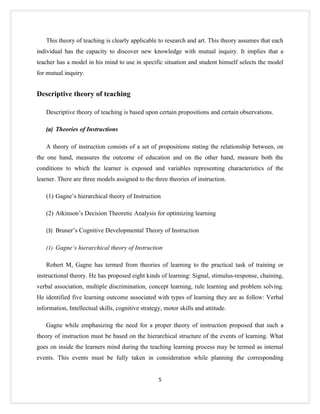 This theory of teaching is clearly applicable to research and art. This theory assumes that each
individual has the capacity to discover new knowledge with mutual inquiry. It implies that a
teacher has a model in his mind to use in specific situation and student himself selects the model
for mutual inquiry.


Descriptive theory of teaching

   Descriptive theory of teaching is based upon certain propositions and certain observations.

   (a) Theories of Instructions


   A theory of instruction consists of a set of propositions stating the relationship between, on
the one hand, measures the outcome of education and on the other hand, measure both the
conditions to which the learner is exposed and variables representing characteristics of the
learner. There are three models assigned to the three theories of instruction.

   (1) Gagne’s hierarchical theory of Instruction

   (2) Atkinson’s Decision Theoretic Analysis for optimizing learning

   (3) Bruner’s Cognitive Developmental Theory of Instruction


   (1) Gagne’s hierarchical theory of Instruction

   Robert M, Gagne has termed from theories of learning to the practical task of training or
instructional theory. He has proposed eight kinds of learning: Signal, stimulus-response, chaining,
verbal association, multiple discrimination, concept learning, rule learning and problem solving.
He identified five learning outcome associated with types of learning they are as follow: Verbal
information, Intellectual skills, cognitive strategy, motor skills and attitude.

   Gagne while emphasizing the need for a proper theory of instruction proposed that such a
theory of instruction must be based on the hierarchical structure of the events of learning. What
goes on inside the learners mind during the teaching learning process may be termed as internal
events. This events must be fully taken in consideration while planning the corresponding


                                                   5
 