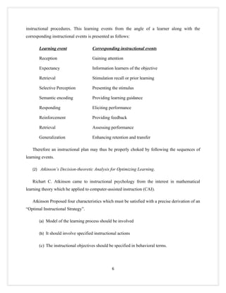instructional procedures. This learning events from the angle of a learner along with the
corresponding instructional events is presented as follows:

       Learning event                 Corresponding instructional events

       Reception                      Gaining attention

       Expectancy                     Information learners of the objective

       Retrieval                      Stimulation recall or prior learning

       Selective Perception           Presenting the stimulus

       Semantic encoding              Providing learning guidance

       Responding                     Eliciting performance

       Reinforcement                  Providing feedback

       Retrieval                      Assessing performance

       Generalization                 Enhancing retention and transfer

   Therefore an instructional plan may thus be properly choked by following the sequences of
learning events.

   (2) Atkinson’s Decision-theoretic Analysis for Optimizing Learning.


   Richart C. Atkinson came to instructional psychology from the interest in mathematical
learning theory which he applied to computer-assisted instruction (CAI).

   Atkinson Proposed four characteristics which must be satisfied with a precise derivation of an
“Optimal Instructional Strategy”.

       (a) Model of the learning process should be involved


       (b) It should involve specified instructional actions


       (c) The instructional objectives should be specified in behavioral terms.




                                                 6
 