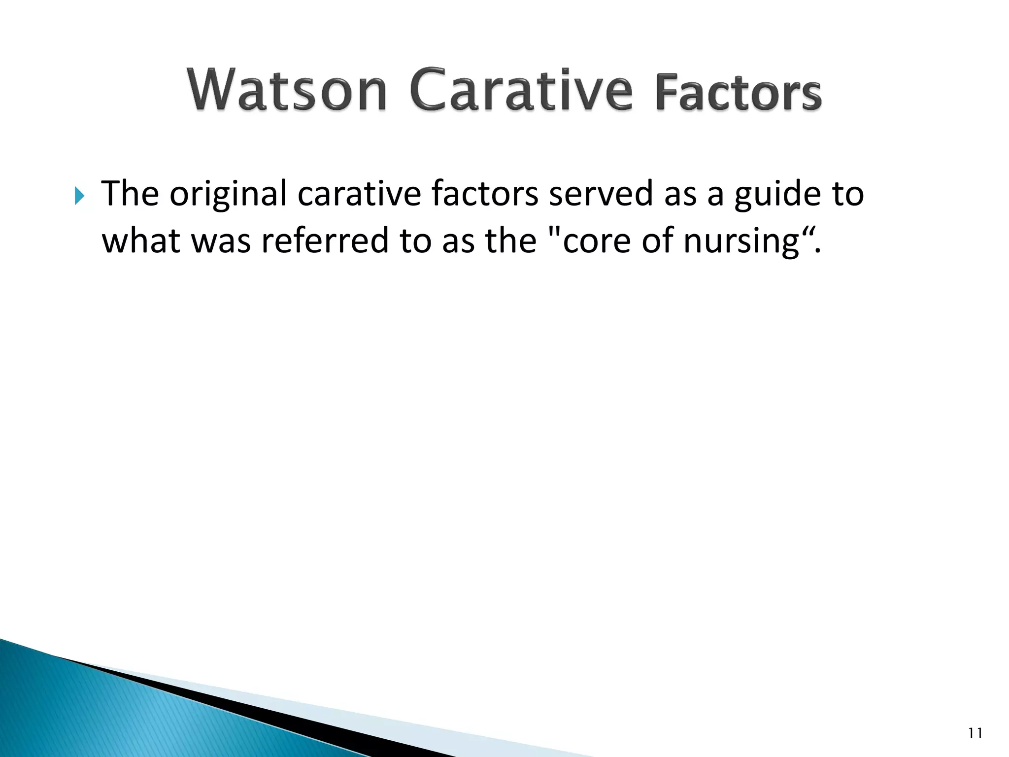  The original carative factors served as a guide to
what was referred to as the "core of nursing“.
11
 