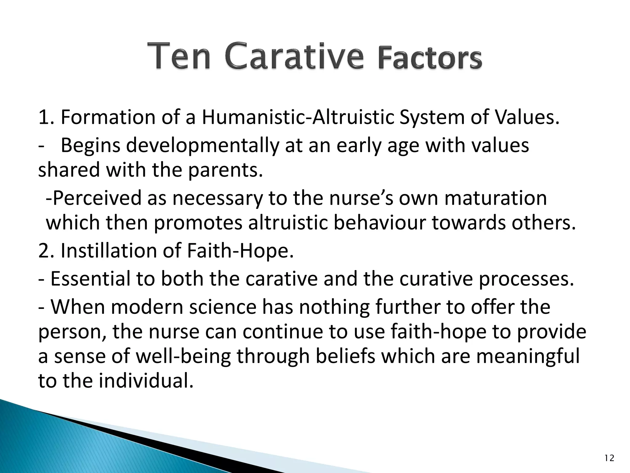 1. Formation of a Humanistic-Altruistic System of Values.
- Begins developmentally at an early age with values
shared with the parents.
-Perceived as necessary to the nurse’s own maturation
which then promotes altruistic behaviour towards others.
2. Instillation of Faith-Hope.
- Essential to both the carative and the curative processes.
- When modern science has nothing further to offer the
person, the nurse can continue to use faith-hope to provide
a sense of well-being through beliefs which are meaningful
to the individual.
12
 