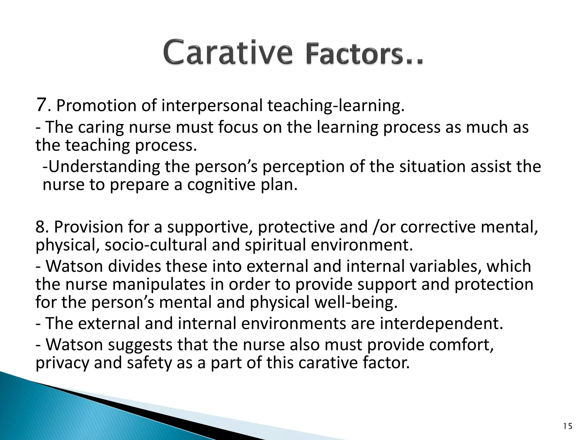 7. Promotion of interpersonal teaching-learning.
- The caring nurse must focus on the learning process as much as
the teaching process.
-Understanding the person’s perception of the situation assist the
nurse to prepare a cognitive plan.
8. Provision for a supportive, protective and /or corrective mental,
physical, socio-cultural and spiritual environment.
- Watson divides these into external and internal variables, which
the nurse manipulates in order to provide support and protection
for the person’s mental and physical well-being.
- The external and internal environments are interdependent.
- Watson suggests that the nurse also must provide comfort,
privacy and safety as a part of this carative factor.
15
 