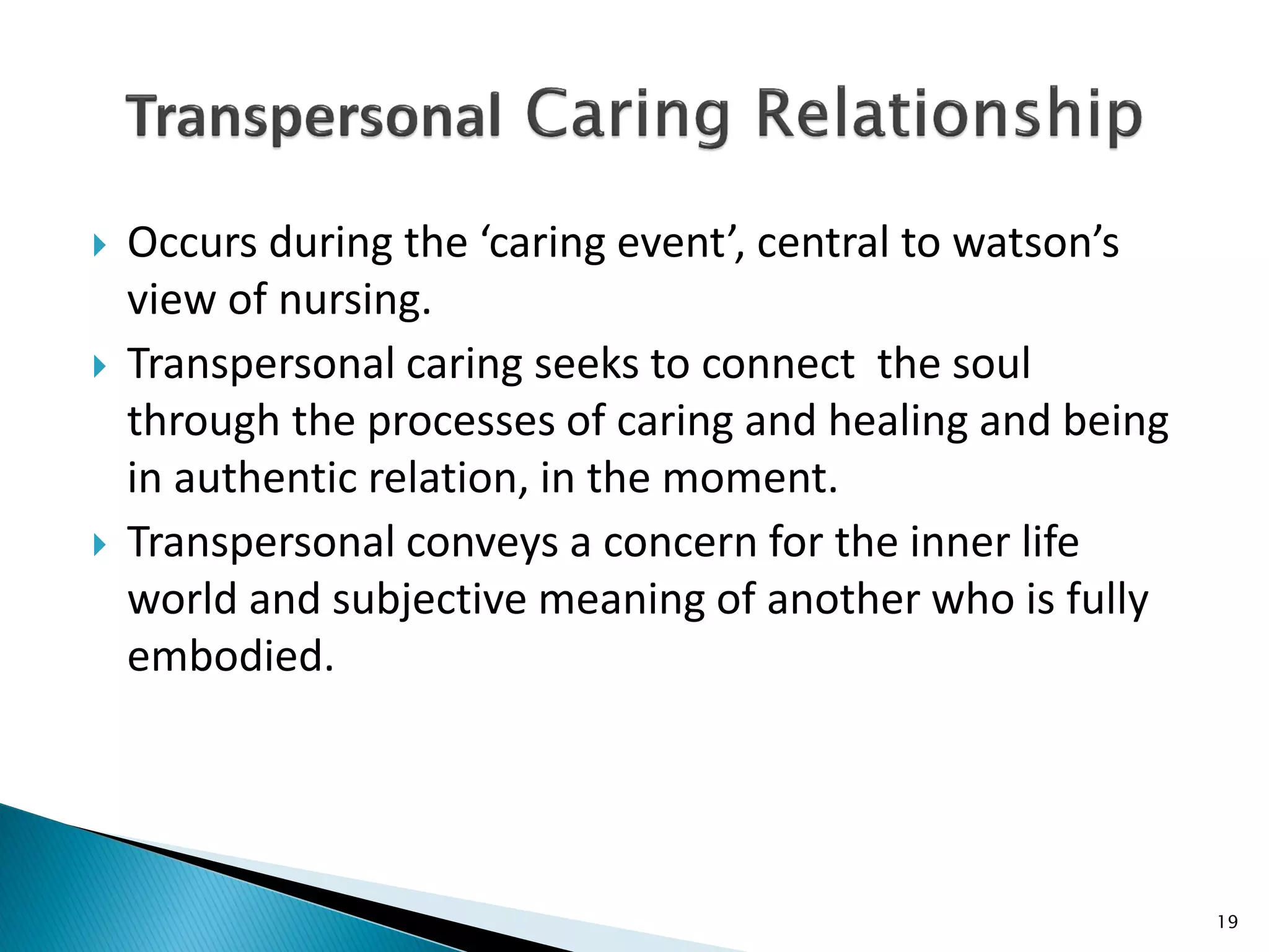  Occurs during the ‘caring event’, central to watson’s
view of nursing.
 Transpersonal caring seeks to connect the soul
through the processes of caring and healing and being
in authentic relation, in the moment.
 Transpersonal conveys a concern for the inner life
world and subjective meaning of another who is fully
embodied.
19
 