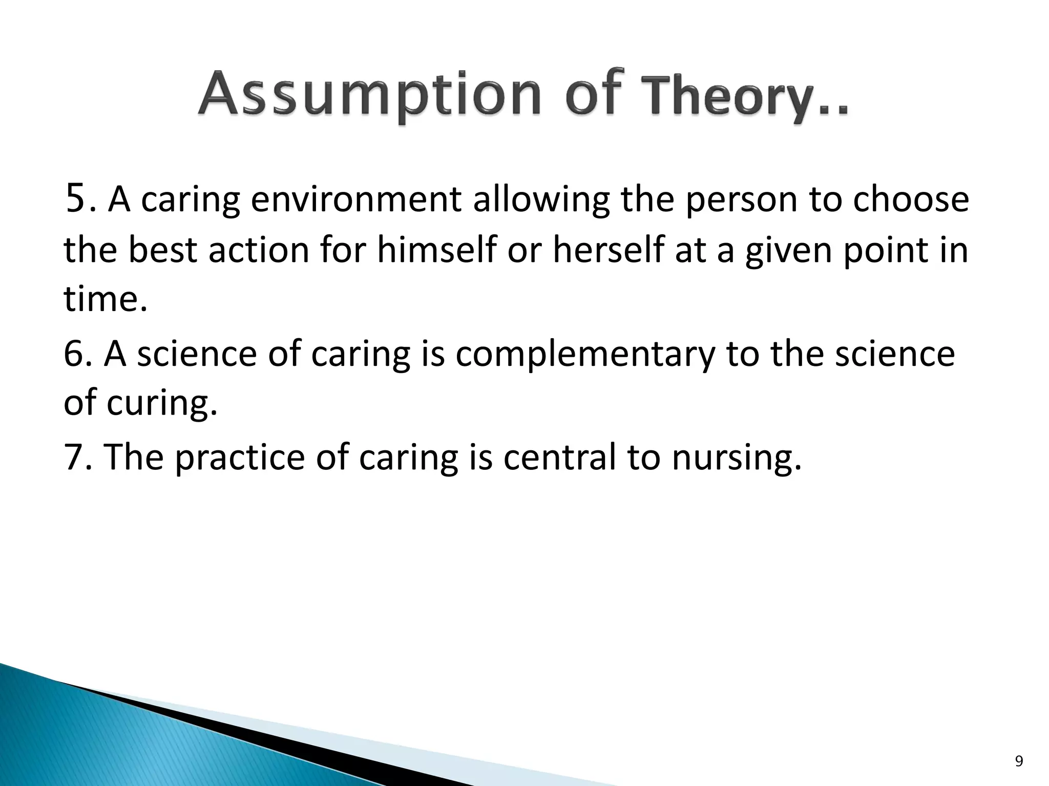 5. A caring environment allowing the person to choose
the best action for himself or herself at a given point in
time.
6. A science of caring is complementary to the science
of curing.
7. The practice of caring is central to nursing.
9
 