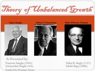 Theory of Unbalanced Growth
Hans Singer

Alfred O Hirschman

Walt Whitman Rostow

As Presented by:
Namrata Sangha (1045)
Girinandini Singh(1165)
Guided by Poonam Arora

Yukta B. Singh (1157)
Sakshi Bajaj (1806)

 