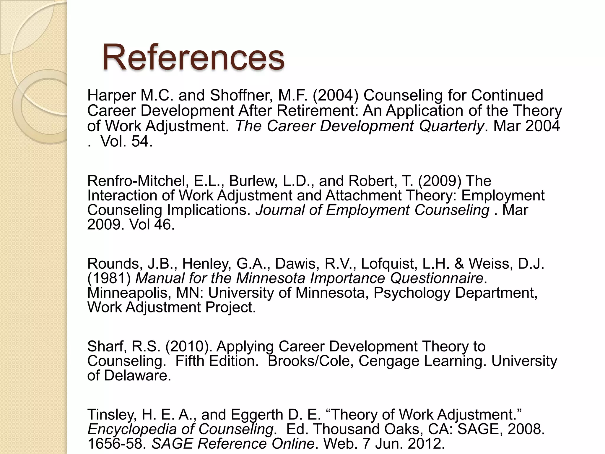 References
Harper M.C. and Shoffner, M.F. (2004) Counseling for Continued
Career Development After Retirement: An Application of the Theory
of Work Adjustment. The Career Development Quarterly. Mar 2004
. Vol. 54.

Renfro-Mitchel, E.L., Burlew, L.D., and Robert, T. (2009) The
Interaction of Work Adjustment and Attachment Theory: Employment
Counseling Implications. Journal of Employment Counseling . Mar
2009. Vol 46.

Rounds, J.B., Henley, G.A., Dawis, R.V., Lofquist, L.H. & Weiss, D.J.
(1981) Manual for the Minnesota Importance Questionnaire.
Minneapolis, MN: University of Minnesota, Psychology Department,
Work Adjustment Project.

Sharf, R.S. (2010). Applying Career Development Theory to
Counseling. Fifth Edition. Brooks/Cole, Cengage Learning. University
of Delaware.

Tinsley, H. E. A., and Eggerth D. E. “Theory of Work Adjustment.”
Encyclopedia of Counseling. Ed. Thousand Oaks, CA: SAGE, 2008.
1656-58. SAGE Reference Online. Web. 7 Jun. 2012.
 