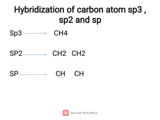 Hybridization of carbon atom sp3 ,
sp2 and sp
Sp3 CH4
SP2 CH2 CH2
SP CH CH
 