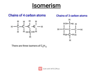 Isomerism
Chains of 4 carbon atoms
C C C C
H
H
H H
C
H
H
H
H H
H
H
H
Chains of 3 carbon atoms
There are three isomers of C5H12
C
C C C
H
H
H
H
H
H
C
H
H
H
H H
H
 