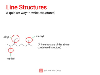 Line Structures
A quicker way to write structures'
(A line structure of the above
condensed structure)
ethyl
methyl
methyl
 