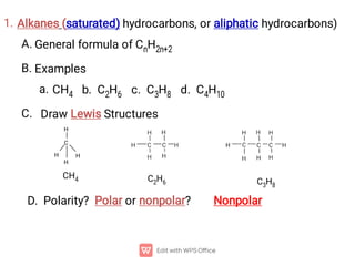 1.
A.
B.
a.
C.
Alkanes (saturated) hydrocarbons, or aliphatic hydrocarbons)
General formula of CnH2n+2
Examples
CH4 b. C2H6 c. C3H8 d. C4H10
Draw Lewis Structures
CH4 C2H6 C3H8
D. Polarity? Polar or nonpolar? Nonpolar
C
H
H
H
H
 