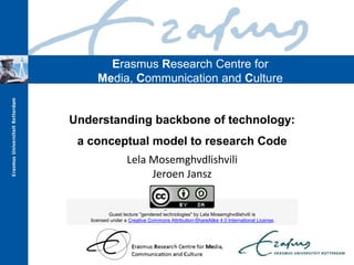 Erasmus Research Centre for
Media, Communication and Culture
Understanding backbone of technology:
a conceptual model to research Code
Lela Mosemghvdlishvili
Jeroen Jansz
Guest lecture "gendered technologies" by Lela Mosemghvdlishvili is
licensed under a Creative Commons Attribution-ShareAlike 4.0 International License.
 