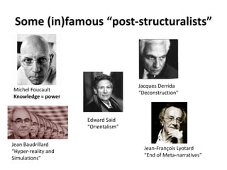 Some (in)famous “post-structuralists”Jacques Derrida“Deconstruction”Michel FoucaultKnowledge = powerEdward Said“Orientalism”Jean Baudrillard“Hyper-reality and Simulations”Jean-François Lyotard“End of Meta-narratives”