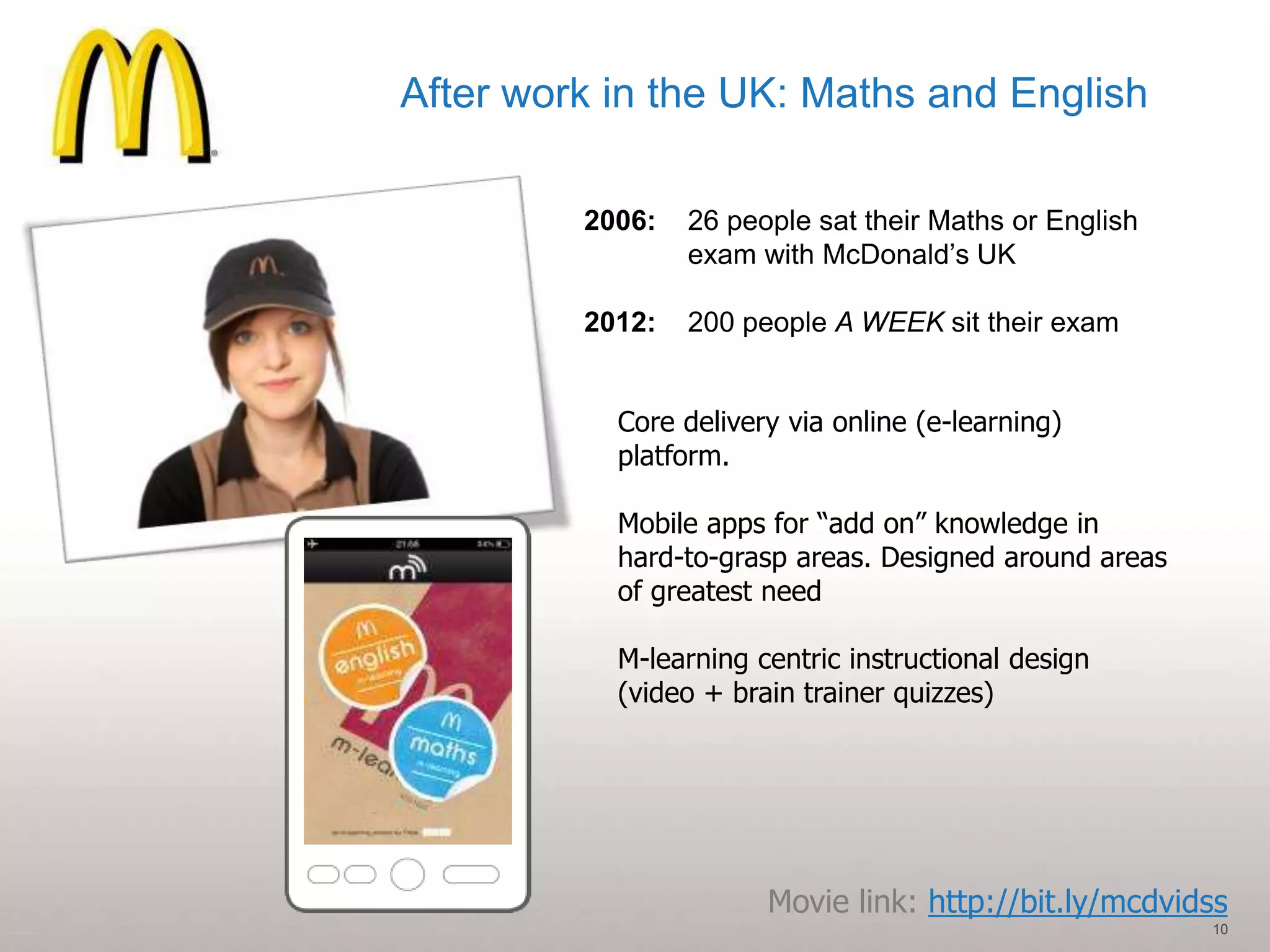 After work in the UK: Maths and English

         2006:   26 people sat their Maths or English
                 exam with McDonald’s UK

         2012:   200 people A WEEK sit their exam


           Core delivery via online (e-learning)
           platform.

           Mobile apps for “add on” knowledge in
           hard-to-grasp areas. Designed around areas
           of greatest need

           M-learning centric instructional design
           (video + brain trainer quizzes)




                       Movie link: http://bit.ly/mcdvidss
                                                        10
 