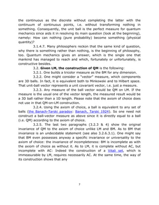 the continuous as the discrete without completing the latter with the
continuum of continuous points, i.e. without transforming nothing in
something. Consequently, the unit ball is the perfect measure for quantum
mechanics since aids it in resolving its main question (look at the beginning),
namely: How can nothing (pure probability) become something (physical
quantity)?
          3.1.4.7. Many philosophers reckon that the same kind of question,
why there is something rather than nothing, is the beginning of philosophy,
too. Quantum mechanics gives an answer, which is the single one that
mankind has managed to reach and which, fortunately or unfortunately, is
constructive besides.
          3.2. Given LM, the construction of QM is the following:
          3.2.1. One builds a tricolor measure as the BM for any dimension.
          3.2.2. One might consider a “vector” measure, which components
are 3D balls. In fact, it is equivalent both to Minkowski and to Hilbert space.
That unit-ball vector represents a unit covariant vector, i.e. just a measure.
          3.2.3. Any measure of the ball vector would be QM on LM. If the
measure is the usual one of the vector length, the measured result would be
a 3D ball rather than a 1D length. Please note that the axiom of choice does
not use in that QM-on-LM construction.
          3.2.4. Using the axiom of choice, a ball is equivalent to any set of
balls (the Banach-Tarski paradox: Banach, Tarski 1924). So one need not
construct a ball-vector measure as above since it is directly equal to a ball
(i.e. QM) according to the axiom of choice.
          3.2.5. The last two paragraphs (3.2.3 & 4) show the original
invariance of QM to the axiom of choice unlike LM and BM. As to BM that
invariance is an undecidable statement (see also 3.2.6.3.1). One might say
that BM even possesses anyway a specific invariance or universality to the
axiom of choice: the invariance of incompleteness: BM is incomplete as with
the axiom of choice as without it. As to LM, it is complete without AC, but
incomplete with AC: Indeed the construction of a Vitali set, which is
immeasurable by LM, requires necessarily AC. At the same time, the way of
its construction shows that any




                                       7
 
