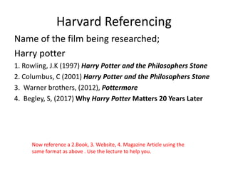 Harvard Referencing
Name of the film being researched;
Harry potter
1. Rowling, J.K (1997) Harry Potter and the Philosophers Stone
2. Columbus, C (2001) Harry Potter and the Philosophers Stone
3. Warner brothers, (2012), Pottermore
4. Begley, S, (2017) Why Harry Potter Matters 20 Years Later
Now reference a 2.Book, 3. Website, 4. Magazine Article using the
same format as above . Use the lecture to help you.
 