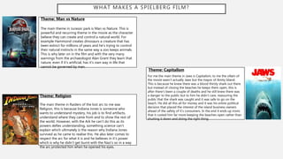 WHAT MAKES A SPIELBERG FILM?
Theme: Man vs Nature
The main theme in Jurassic park is Man vs Nature. This is
powerful and recurring theme in the movie as the character
believe they can create and control a natural world. For
example Hammond creates dinosaurs a creature that has
been extinct for millions of years and he’s trying to control
their natural instincts in the same way a zoo keeps animals.
This is why later on in the film and with the very many
warnings from the archaeologist Alan Grant they learn that
nature, even if it’s artificial, has it’s own way in life that
cannot be governed by man.
Theme: Capitalism
Theme: Religion
The main theme in Raiders of the lost arc to me was
Religion, this is because Indiana Jones is someone who
wants to understand mystery, his job is to find artifacts,
understand where they came from and to show the rest of
the world. However, with the Ark he can’t do this as its
powers defies understanding, something science can’t
explain which ultimately is the reason why Indiana Jones
survived as he came to realise this. He also later comes to
respect the arc for what it is and he believes in it’s power
which is why he didn’t get burnt with the Nazi’s so in a way
the arc protected him when he opened his eyes,
For me the main theme in Jaws is Capitalism, to me the villain of
the movie wasn’t actually Jaws but the mayor of Amity Island.
This is because he knew there was a blood thirsty shark out there
but instead of closing the beaches he keeps them open, this is
after there's been a couple of deaths and he still knew there was
a danger to the public but to him he didn’t care, reassuring the
public that the shark was caught and it was safe to go on the
beach. He did all this all for money and it was his entire political
decision that placed the interest of the island business owners
ahead of the safety of it’s consumers. In the end it ends up ironic
that it costed him far more keeping the beaches open rather than
shutting it down and doing the right thing.
 