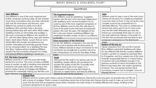 WHAT MAKES A SPIELBERG FILM?
Soundtrack
John Williams
John Williams is one of the most respected and
prolific composers working today, He has received
more Oscar nominations than any other individual,
with over 40 nominations and five wins. John
Williams has worked on pretty much all of
Spielberg's films and they have a very long
working relationship with each other. What makes
Spielberg movies so memorable and nostalgic is
the music composed by Williams, he’s worked on
E.T. with the classic flying theme, Jaws with another
classic shark attack theme, Jurassic Park an iconic
theme filled with wonder and adventure and
another noticeable and extremely popular theme
he has composed albeit not a Spielberg film was
Star Wars. I believe without Spielberg Williams
wouldn’t be the successful composer he is today,
and without Williams Spielberg’s movies just
wouldn’t of been quite the same.
The Sugarland express
John Williams score for Spielberg's ‘Sugarland
express’ was the start of his very long collaboration
with Spielberg, and it set the foundation for his
career as one of the most respected composers of
all time, Williams score for this film calls back to
some of the great scores that have accompanied
western film over the years. The highlight of the
film is the main theme, something Williams has
established himself a master of and it’s no different
in this film.
Jaws
Williams score for Jaws is one of the most iconic
themes he has done, It’s a highly accomplished
score from start to finish. It may not be the most
complex score he has composed but it’s
definitely effective. The score is a masterclass in
tension and action and to me it’s more iconic
than the film itself. Whenever you hear the
theme you immediately think Jaws it’s one of
the most well known themes in the world. It’s
this film that announced both the director and
composer’s emergence on the blockbuster
stage.
Close encounters of the third kind
For this film Williams composed a five note theme,
but the score is packed with emotive pieces of
music. Williams earned an Oscar nomination for this
soundtrack, but actually lost to another one of his
own compositions, his score for Star Wars: A New
Hope.
Raiders of the lost arc
Taking inspiration from 30s and 40’s matinee
films, Williams presented Spielberg with ideas
for two different title themes, however Williams
couldn’t use both so instead he reworked them
to fit together, and thus created one of the most
instantly recognizable themes in cinema history.
To perform the score Williams brought in his
previous orchestra of which he worked on Star
Wars A new Hope with, the London Symphony
orchestra. This core earned another Oscar
nomination, however lost to Vangelis’ score for
Chariots Of Fire.
E.T. The Extra Terrestrial
Williams score for E.T. was the score that finally
earned him an Oscar. This score conveys a childlike
sense of wonder, as well as handling more dramatic
moments with great skill as well. Listening to the
theme creates a sense of nostalgia and Williams
achieved this masterfully making you feel like a kid
again whenever you listen to it.
Hook
Although the film itself in my opinion was one of
Spielberg's weaker efforts, the soundtrack far
exceeds the quality of the film. It actually ranks
Williams finest score of his career, it’s a
masterpiece of film scoring full of layers to
discover on repeat listens, and features differing
themes for each of the characters.
Jurassic Park
Williams score for Jurassic park creates a sense of wonder and adventure, hearing the score now gives me goosebumps and fills me
with a sense of nostalgia. There’s a sense of wistfulness about two of the three main themes that are used to make up much of the
score, but the third that accompanies scenes where characters are under threat is incredibly effective and creepy, recalling similar
emotions elicited form his work in Jaws.
 