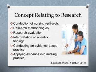 Concept Relating to Research
O Conduction of nursing research.
O Research methodologies.
O Research evaluation.
O Interpretation of scientific
findings.
O Conducting an evidence-based-
practice.
O Applying evidence into nursing
practice.
(LoBiondo-Wood, & Haber, 2017).
 