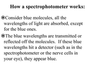 How a spectrophotometer works:
Consider blue molecules, all the
wavelengths of light are absorbed, except
for the blue ones.
The blue wavelengths are transmitted or
reflected off the molecules. If these blue
wavelengths hit a detector (such as in the
spectrophotometer or the nerve cells in
your eye), they appear blue.
 