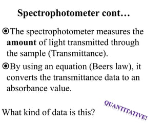 Spectrophotometer cont…
The spectrophotometer measures the
amount of light transmitted through
the sample (Transmittance).
By using an equation (Beers law), it
converts the transmittance data to an
absorbance value.
What kind of data is this?
 