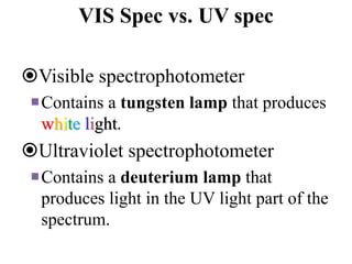 VIS Spec vs. UV spec
Visible spectrophotometer
Contains a tungsten lamp that produces
white light.
Ultraviolet spectrophotometer
Contains a deuterium lamp that
produces light in the UV light part of the
spectrum.
 