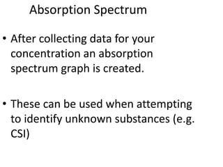 Absorption Spectrum
• After collecting data for your
concentration an absorption
spectrum graph is created.
• These can be used when attempting
to identify unknown substances (e.g.
CSI)
 