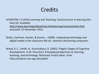 Credits
ATHERTON J S (2010) Learning and Teaching; Constructivism in learning [On-
line] UK: Available:
http://www.learningandteaching.info/learning/constructivism.htm
Accessed: 22 November 2010
Shelly, Cashman, Gunter, & Gunter, . (2009). Integrating technology and
digital media in the classroom 6th ed.: teachers discovering computers.
Wood, K. C., Smith, H., Grossniklaus, D. (2001). Piaget's Stages of Cognitive
Development. In M. Orey (Ed.), Emerging perspectives on learning,
teaching, and technology. Retrieved <insert date>, from
http://projects.coe.uga.edu/epltt/
 