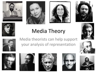 Media Theory
Media theorists can help support
your analysis of representation
 