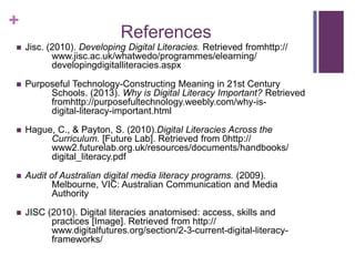 +
References
 Jisc. (2010). Developing Digital Literacies. Retrieved fromhttp://
www.jisc.ac.uk/whatwedo/programmes/elearning/
developingdigitalliteracies.aspx
 Purposeful Technology-Constructing Meaning in 21st Century
Schools. (2013). Why is Digital Literacy Important? Retrieved
fromhttp://purposefultechnology.weebly.com/why-is-
digital-literacy-important.html
 Hague, C., & Payton, S. (2010).Digital Literacies Across the
Curriculum. [Future Lab]. Retrieved from 0http://
www2.futurelab.org.uk/resources/documents/handbooks/
digital_literacy.pdf
 Audit of Australian digital media literacy programs. (2009).
Melbourne, VIC: Australian Communication and Media
Authority
 JISC (2010). Digital literacies anatomised: access, skills and
practices [Image]. Retrieved from http://
www.digitalfutures.org/section/2-3-current-digital-literacy-
frameworks/
 