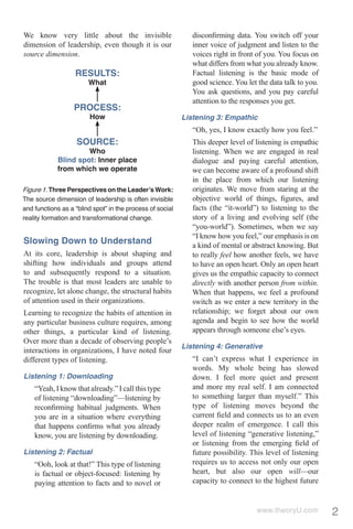 We know very little about the invisible                       disconﬁrming data. You switch off your
dimension of leadership, even though it is our                inner voice of judgment and listen to the
source dimension.                                             voices right in front of you. You focus on
                                                              what differs from what you already know.
                   RESULTS:                                   Factual listening is the basic mode of
                        What                                  good science. You let the data talk to you.
                                                              You ask questions, and you pay careful
                                                              attention to the responses you get.
                   PROCESS:
                        How                                Listening 3: Empathic
                                                              “Oh, yes, I know exactly how you feel.”
                    SOURCE:                                   This deeper level of listening is empathic
                     Who                                      listening. When we are engaged in real
            Blind spot: Inner place                           dialogue and paying careful attention,
            from which we operate                             we can become aware of a profound shift
                                                              in the place from which our listening
Figure 1. Three Perspectives on the Leaderʼs Work:            originates. We move from staring at the
The source dimension of leadership is often invisible         objective world of things, ﬁgures, and
and functions as a “blind spot” in the process of social      facts (the “it-world”) to listening to the
reality formation and transformational change.                story of a living and evolving self (the
                                                              “you-world”). Sometimes, when we say
                                                              “I know how you feel,” our emphasis is on
Slowing Down to Understand                                    a kind of mental or abstract knowing. But
At its core, leadership is about shaping and                  to really feel how another feels, we have
shifting how individuals and groups attend                    to have an open heart. Only an open heart
to and subsequently respond to a situation.                   gives us the empathic capacity to connect
The trouble is that most leaders are unable to                directly with another person from within.
recognize, let alone change, the structural habits            When that happens, we feel a profound
of attention used in their organizations.                     switch as we enter a new territory in the
Learning to recognize the habits of attention in              relationship; we forget about our own
any particular business culture requires, among               agenda and begin to see how the world
other things, a particular kind of listening.                 appears through someone else’s eyes.
Over more than a decade of observing people’s
                                                           Listening 4: Generative
interactions in organizations, I have noted four
different types of listening.                                 “I can’t express what I experience in
                                                              words. My whole being has slowed
Listening 1: Downloading                                      down. I feel more quiet and present
    “Yeah, I know that already.” I call this type             and more my real self. I am connected
    of listening “downloading”—listening by                   to something larger than myself.” This
    reconﬁrming habitual judgments. When                      type of listening moves beyond the
    you are in a situation where everything                   current ﬁeld and connects us to an even
    that happens conﬁrms what you already                     deeper realm of emergence. I call this
    know, you are listening by downloading.                   level of listening “generative listening,”
                                                              or listening from the emerging ﬁeld of
Listening 2: Factual                                          future possibility. This level of listening
    “Ooh, look at that!” This type of listening               requires us to access not only our open
    is factual or object-focused: listening by                heart, but also our open will—our
    paying attention to facts and to novel or                 capacity to connect to the highest future


                                                                                   www.theoryU.com          2
 