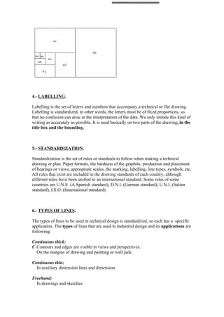 4.- LABELLING.

Labelling is the set of letters and numbers that accompany a technical or flat drawing.
Labelling is standardized, in other words, the letters must be of fixed proportions, so
that no confusion can arise in the interpretation of the data. We only imitate this kind of
writing as accurately as possible. It is used basically on two parts of the drawing, in the
title box and the bounding.



5.- STANDARDIZATION.

Standardization is the set of rules or standards to follow when making a technical
drawing or plan. Paper formats, the hardness of the graphite, production and placement
of hearings or views, appropriate scales, the marking, labelling, line types, symbols, etc.
All rules that exist are included in the drawing standards of each country, although
different rules have been unified to an international standard. Some rules of some
countries are U.N.E. (A Spanish standard), D.N.I. (German standard), U.N.I. (Italian
standard), I.S.O. (International standard).



6.- TYPES OF LINES.

The types of lines to be used in technical design is standardized, so each has a specific
application. The types of lines that are used in industrial design and its applications are
following:

Continuous thick:
C Contours and edges are visible in views and perspectives.
  On the margins of drawing and painting or wall jack.

Continuous thin:
  In auxiliary dimension lines and dimension.

Freehand:
  In drawings and sketches.
 