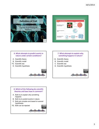 10/1/2013 
3 
Definition of Cell 
A cell is the smallest unit that is 
capable of performing life 
functions. 
6. What attempts to predict events in 
nature under certain conditions? 
A. Scientific theory 
B. Scientific model 
C. Scientific law 
0% 0% 0% 0% 
A. B. C. D. 
D. Scientific hypothesis 
Non-Response 
Grid 
7. What attempts to explain why 
something happens in nature? 
A. Scientific theory 
B. Scientific model 
C. Scientific law 
0% 0% 0% 0% 
A. B. C. D. 
D. Scientific hypothesis 
Non-Response 
Grid 
8. Which of the following do scientific 
theories and laws have in common? 
A. Both try to explain why something 
happens 
B. Both try to predict events in nature 
C. Both are complex and based on several 
0% 0% 0% 0% 
A. B. C. D. 
hypotheses 
D. Both can be rejected 
Non-Response 
Grid 
