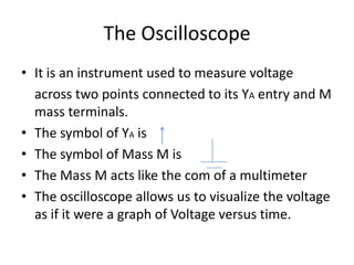 The OscilloscopeIt is an instrument used to measure voltage    across two points connected to its YA entry and M mass terminals. The symbol of YA is The symbol of Mass M is The Mass M acts like the com of a multimeterThe oscilloscope allows us to visualize the voltage as if it were a graph of Voltage versus time.