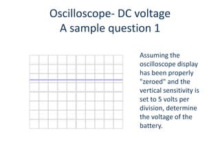 Oscilloscope- DC voltageA sample question 1Assuming the oscilloscope display has been properly "zeroed" and the vertical sensitivity is set to 5 volts per division, determine the voltage of the battery.