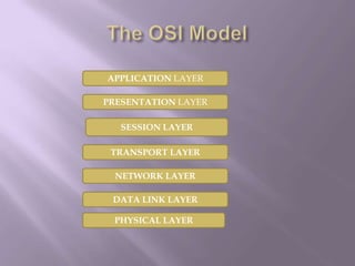 The OSI ModelAPPLICATION LAYERPRESENTATION LAYERSESSION LAYERTRANSPORT LAYERNETWORK LAYERDATA LINK LAYERPHYSICAL LAYER