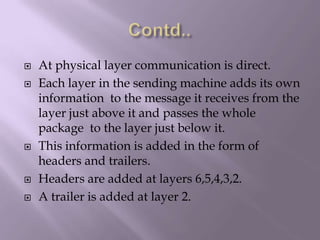 Contd..At physical layer communication is direct.Each layer in the sending machine adds its own information  to the message it receives from the layer just above it and passes the whole package  to the layer just below it.This information is added in the form of headers and trailers.Headers are added at layers 6,5,4,3,2.A trailer is added at layer 2.
