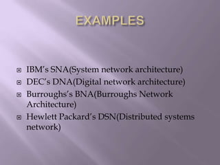 EXAMPLESIBM’s SNA(System network architecture)DEC’s DNA(Digital network architecture)Burroughs’s BNA(Burroughs Network Architecture)Hewlett Packard’s DSN(Distributed systems network)