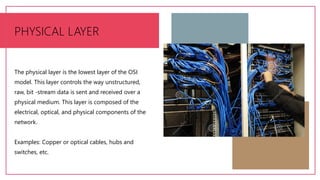 PHYSICAL LAYER
The physical layer is the lowest layer of the OSI
model. This layer controls the way unstructured,
raw, bit...